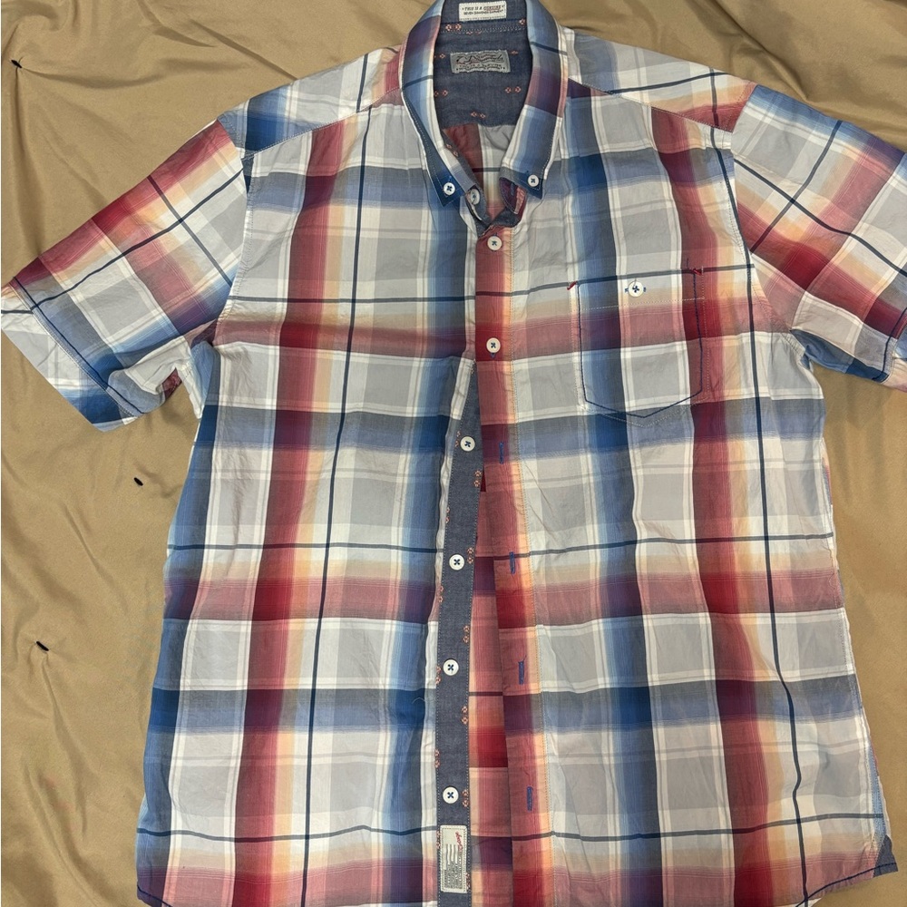 Casual Red and Blue Plaid Button Down Shirt